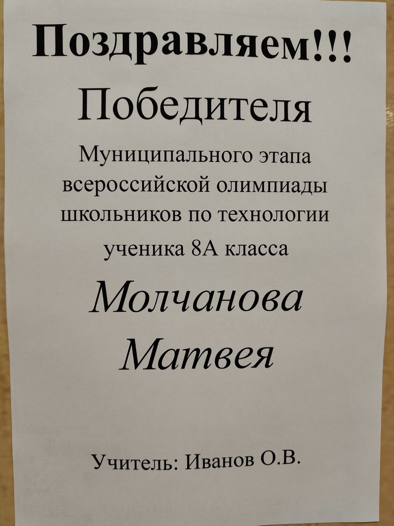 Победитель Муниципального этапа Всероссийской олимпиады школьников по технологии.